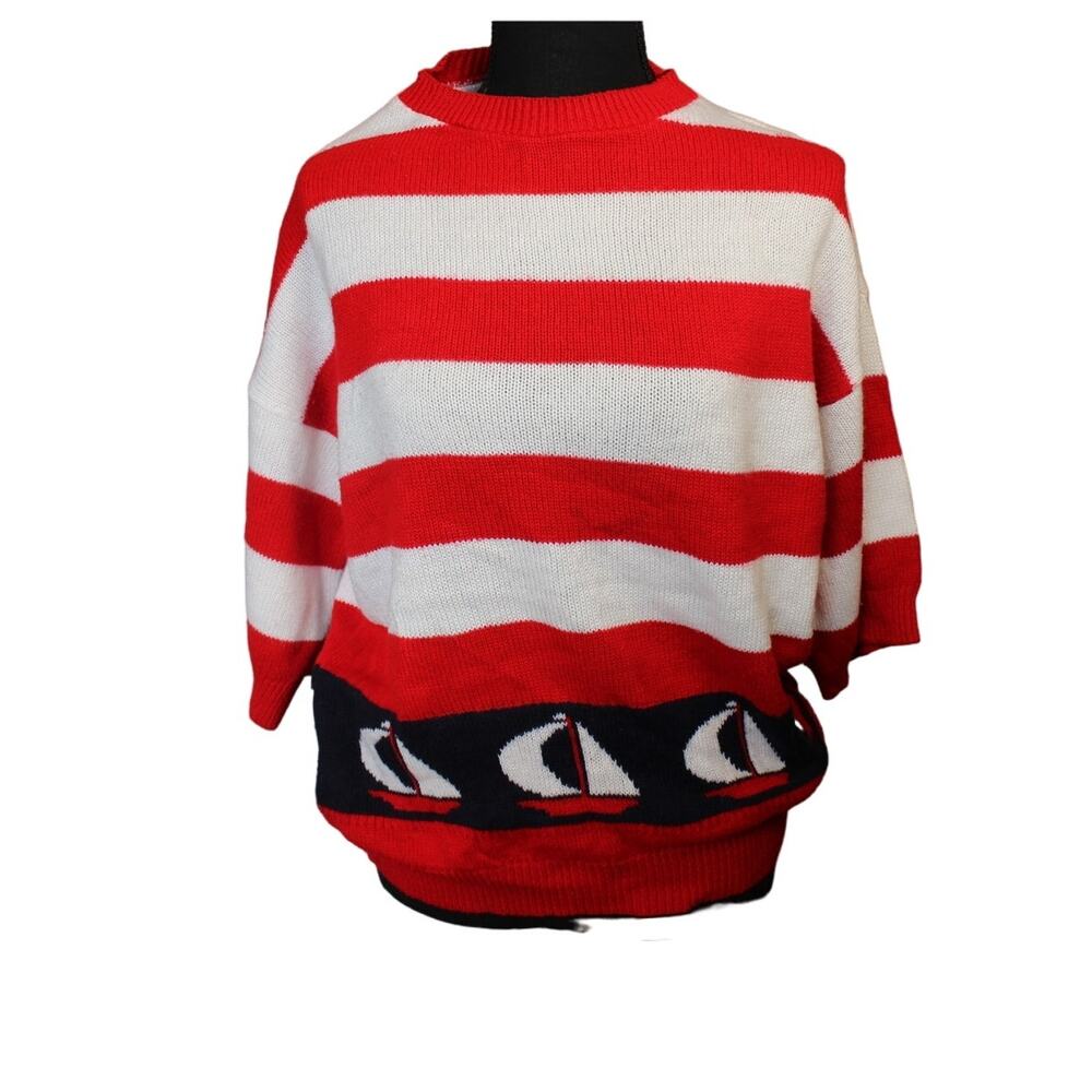 Vintage Indian Harbour Sweater Made in USA 3/4‎ Sleeve Red  Sailboat Size Large
